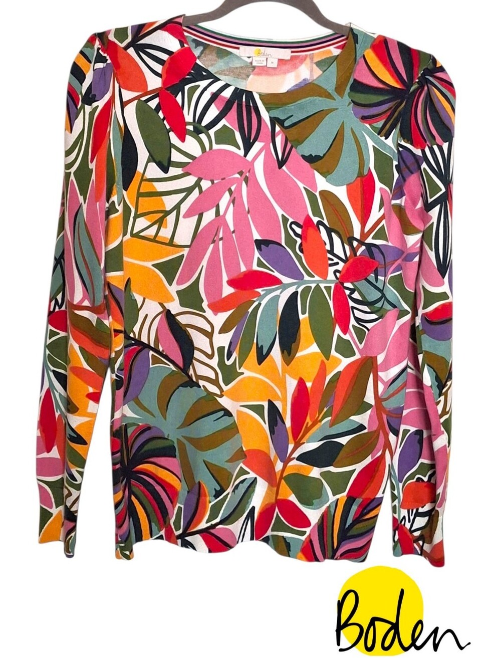 Boden Tropical Print Puff Sleeve Sweater